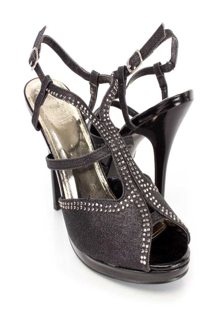 Black Slingback Peep Toe Rhinestone High Heels Glitter