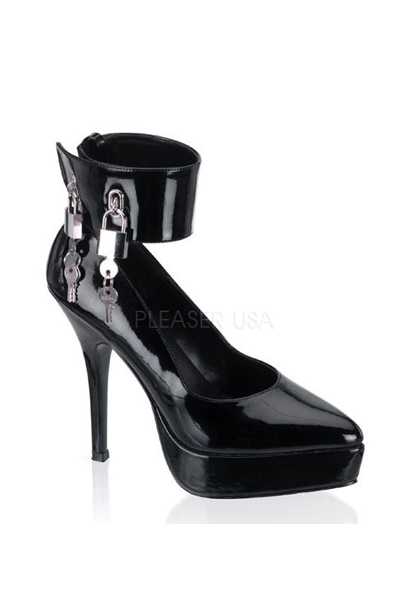 Black Patent Faux Leather Lock Key Charm High Heels