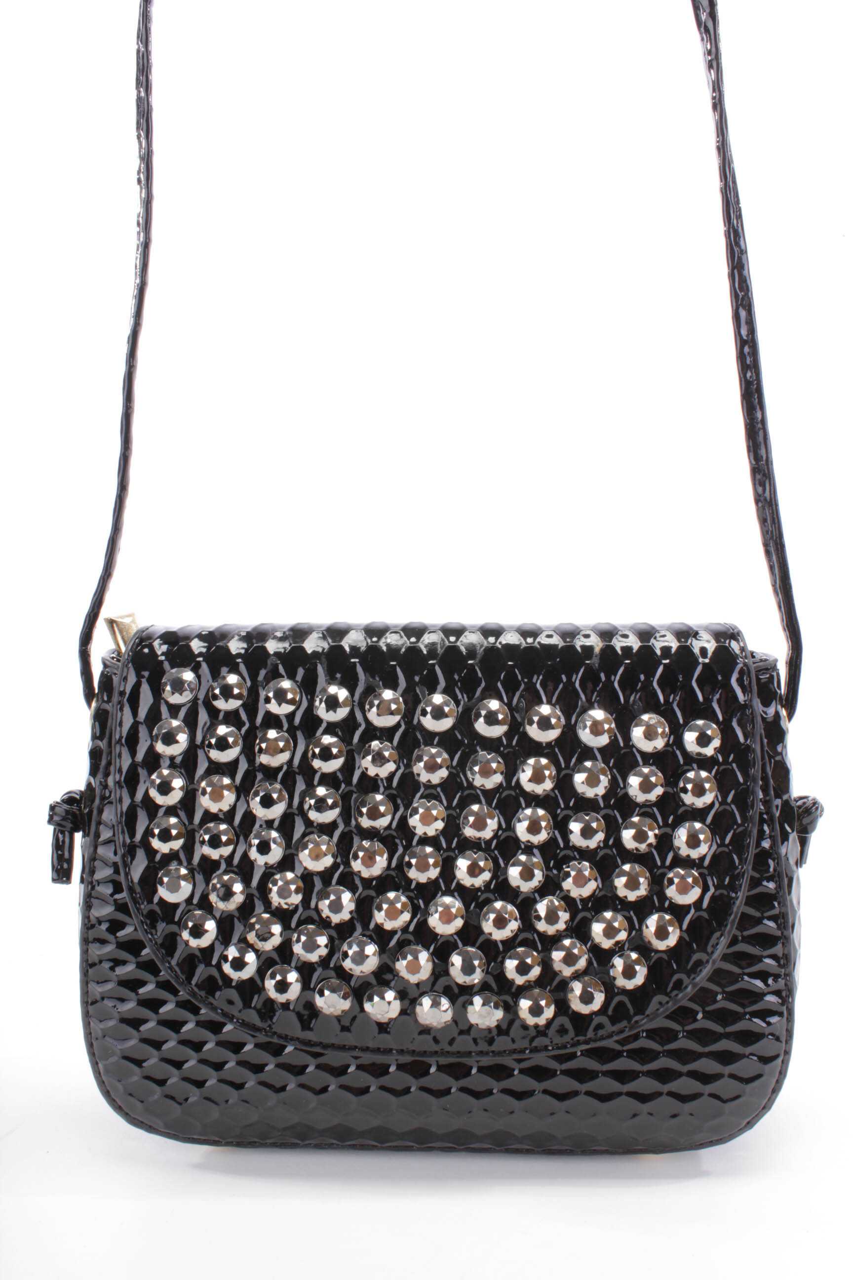 Black Patent Faux Leather Faceted Beaded Handbag