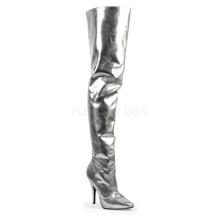 Silver Single Sole Thigh High Boots Faux Leather