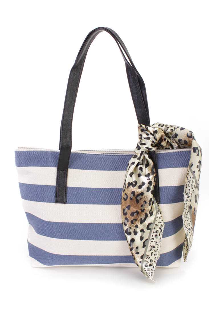 Slate Blue White Stripe Canvas Tote