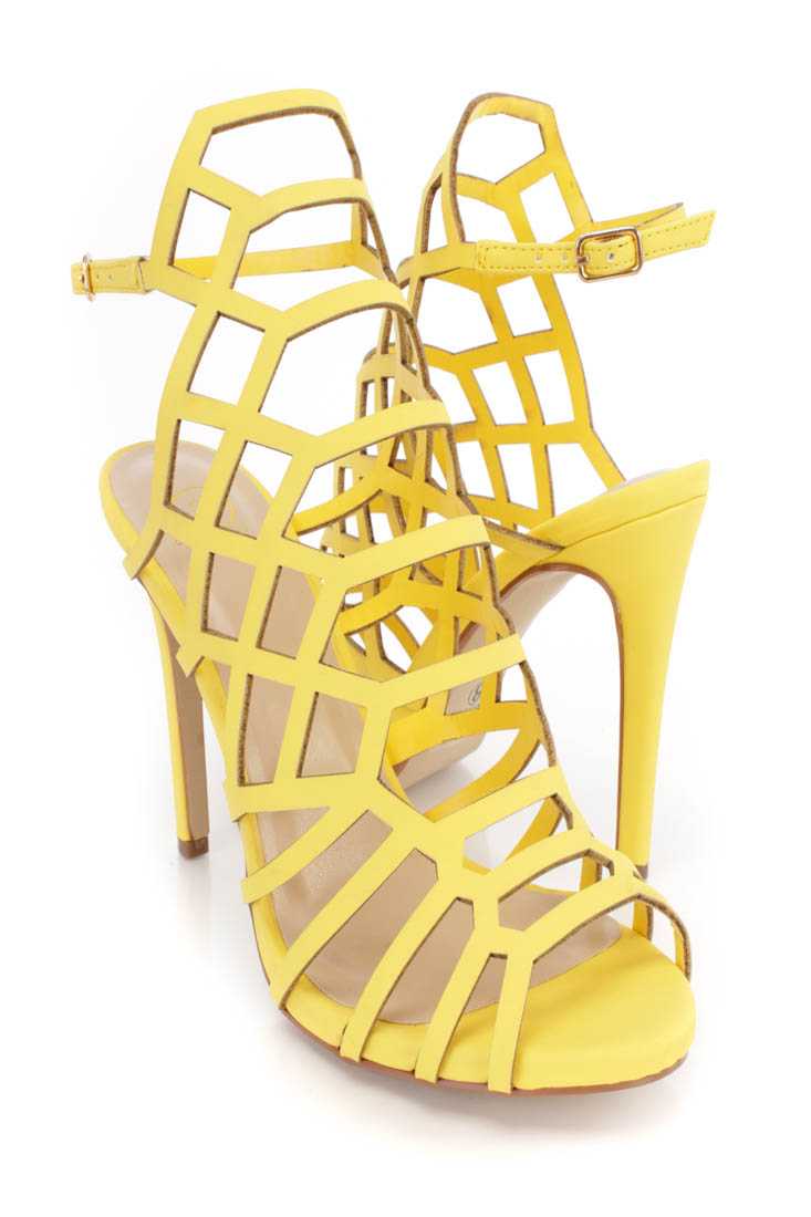 Yellow Strappy Single Sole High Heels Faux Leather