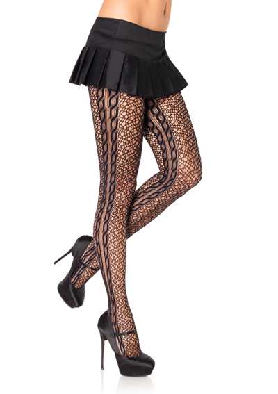 Black Swirl Net Braided Side Seam Pantyhose Hosiery