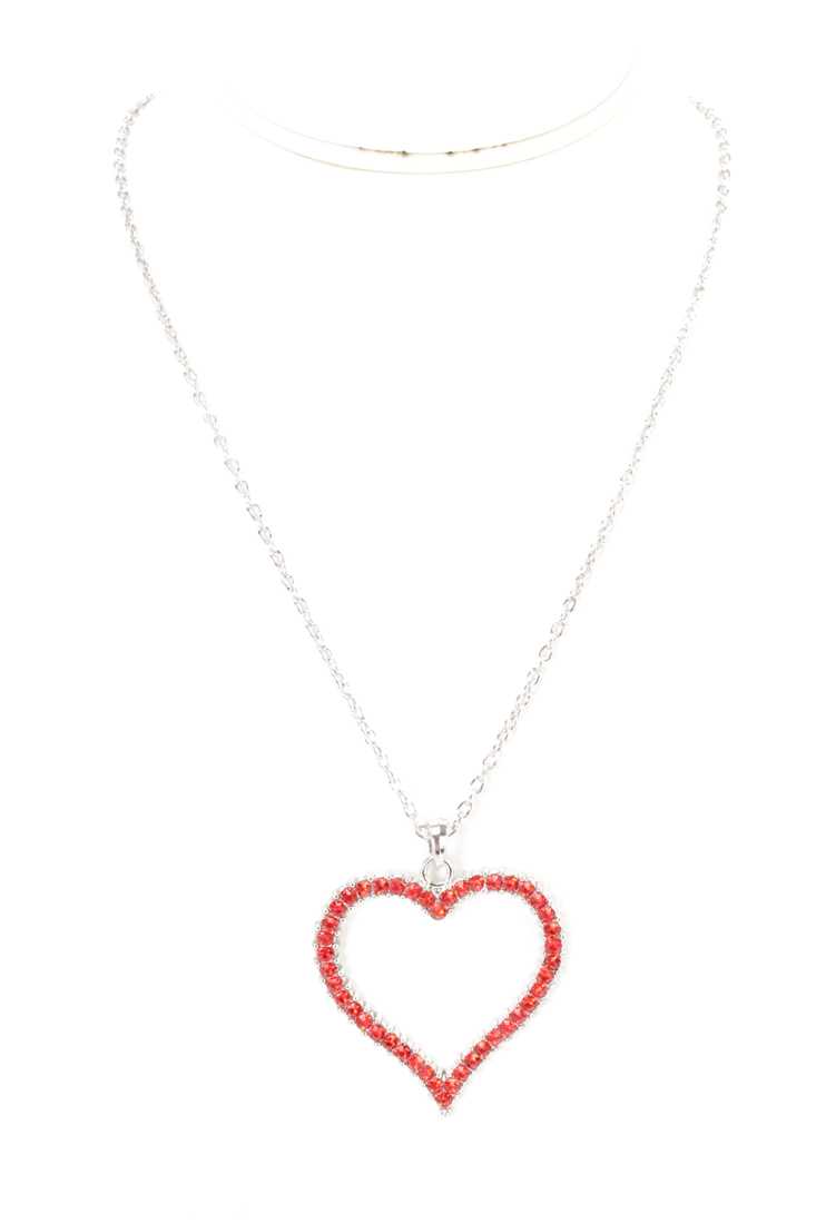 Red Silver High Polish Rhinestone Heart Pendant Necklace