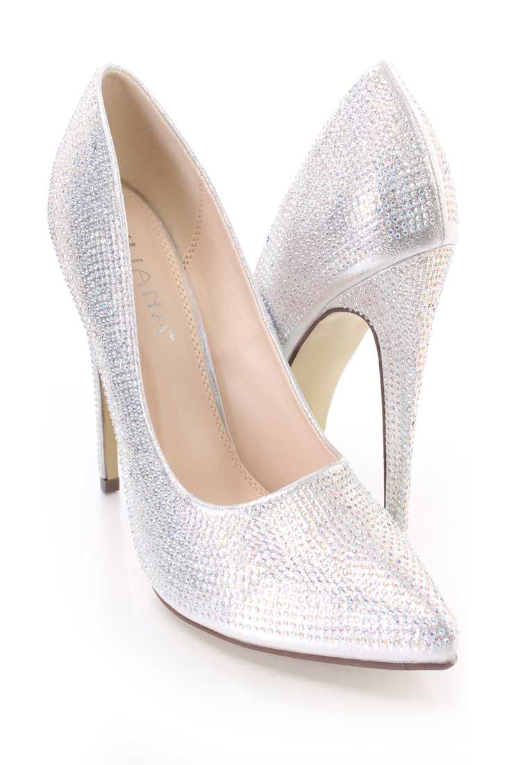Silver Rhinestone Single Sole Pump High Heels Shimmer Fabric