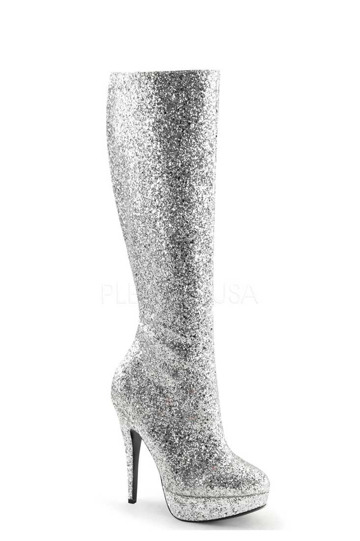 Silver Knee High Platform Heel Boots Glitter