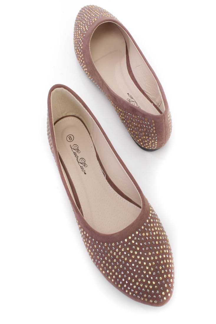 Brown Studded Almond Toe Faux Suede Flats