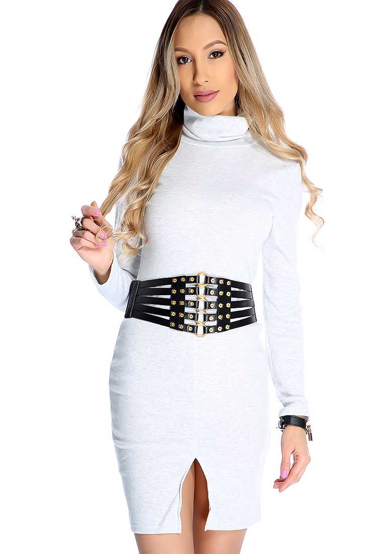Sexy Light Grey Turtle neck Front Slit Sweater Dress