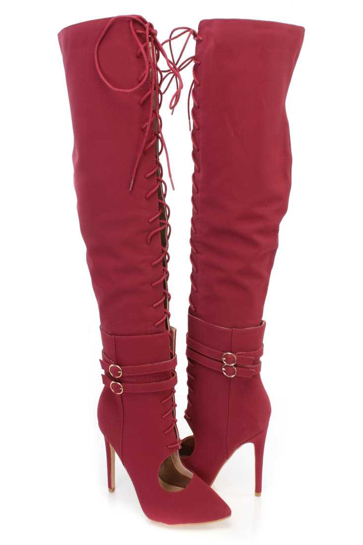 Wine Thigh High Lace Up High Heel Boots Nubuck