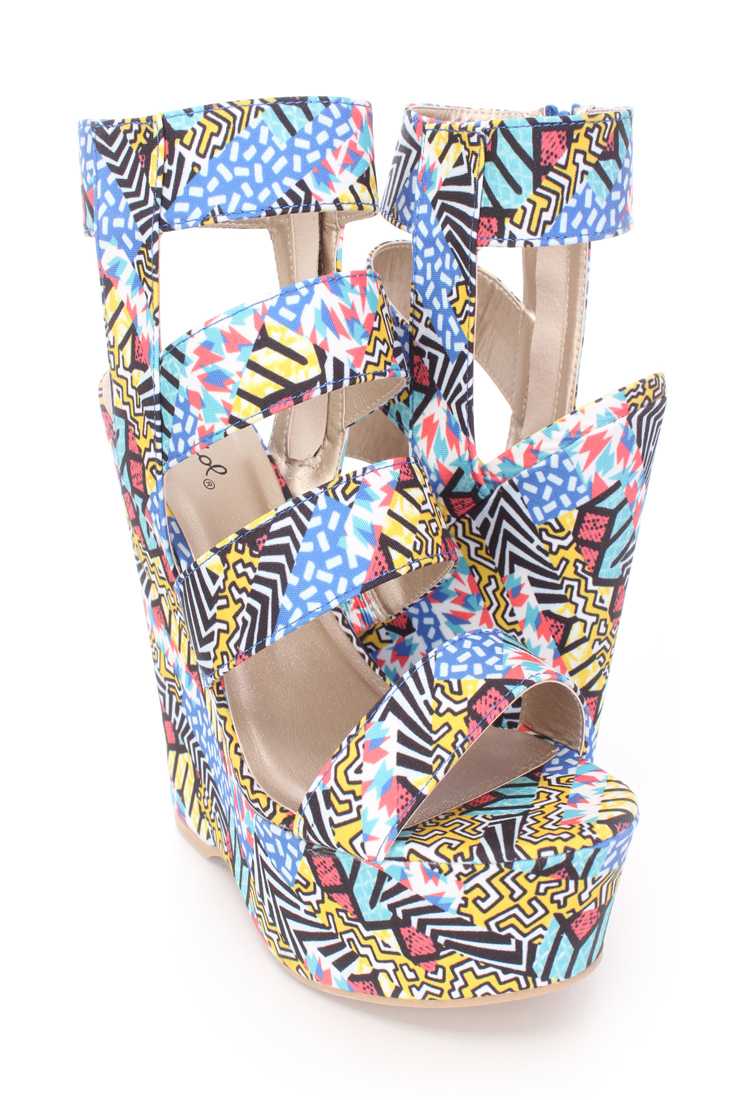 Blue Multi Strappy Platform Wedges Fabric