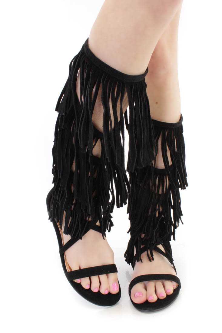 Black Fringe Strappy Gladiator Sandals Faux Suede
