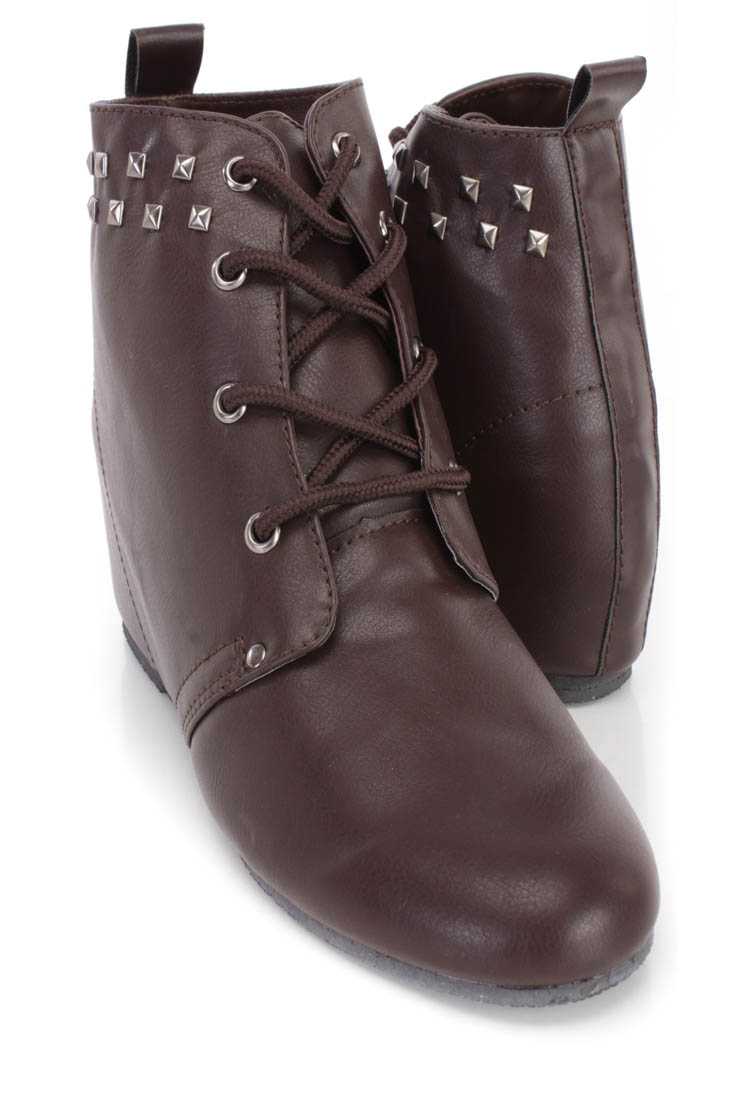 Brown Studded Lace Up Ankle Wedge Booties Faux Leather