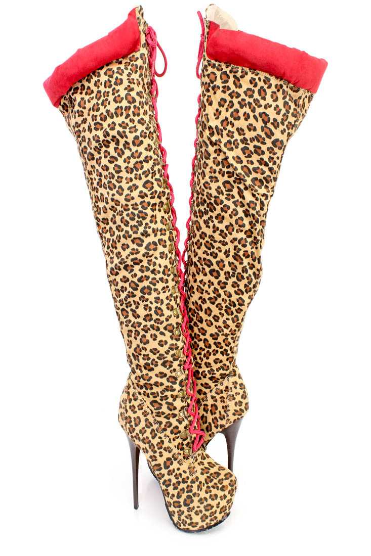 Red Leopard Lace Up 6 Inch Stiletto High Heel Boots Faux Suede