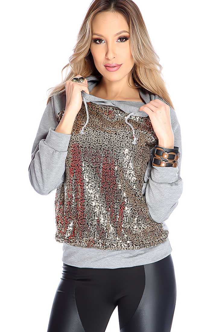 Stylish Gold Grey Long Sleeve Hoodie Casual Sweater