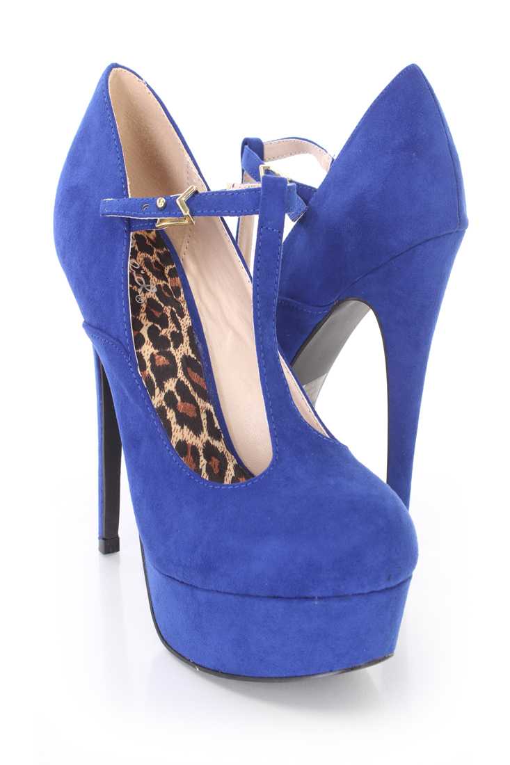 Royal Blue T Strap Maryjane Platform Heels Faux Suede