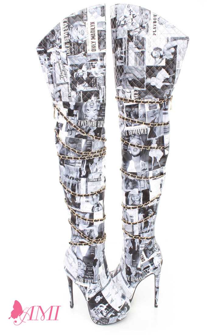Black White Magazine Print Thigh High Heel Boots Faux Leather