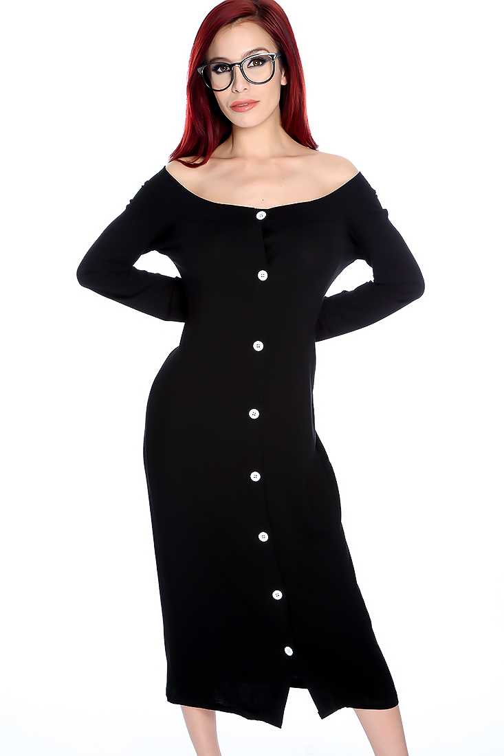 Sexy Black Button Up Off the Shoulder Long Sleeve Casual Dress