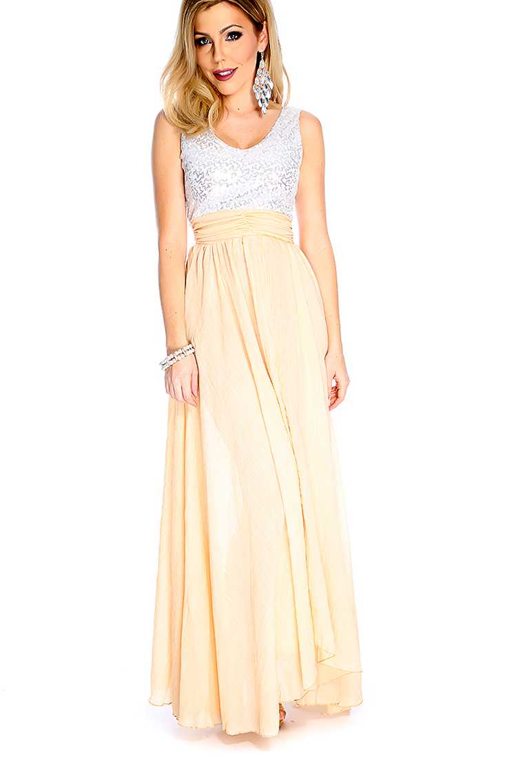 Sexy White Peach Sequins Sleeveless Maxi Dress