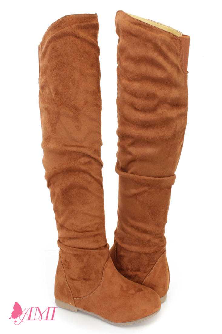 Camel Slouchy Shaft Thigh High Boots Faux Suede