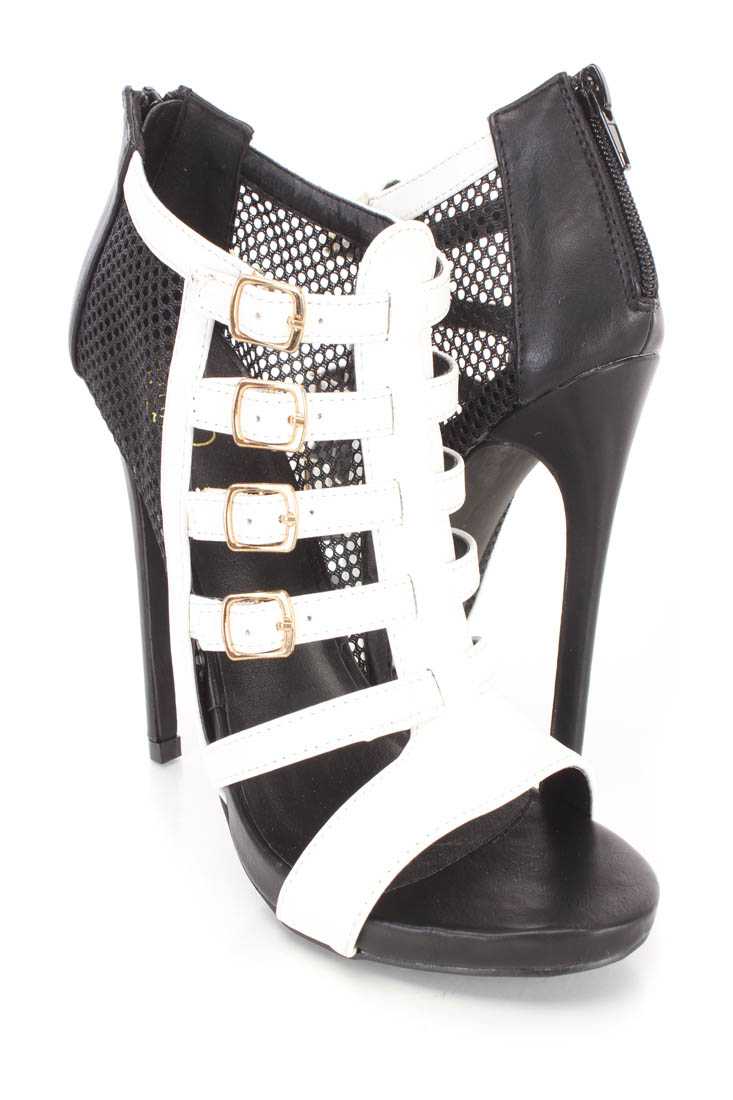 Black White Netted Strappy Single Sole Booties Faux Leather
