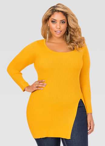 Slit Front Fitted Ribbed Sweater