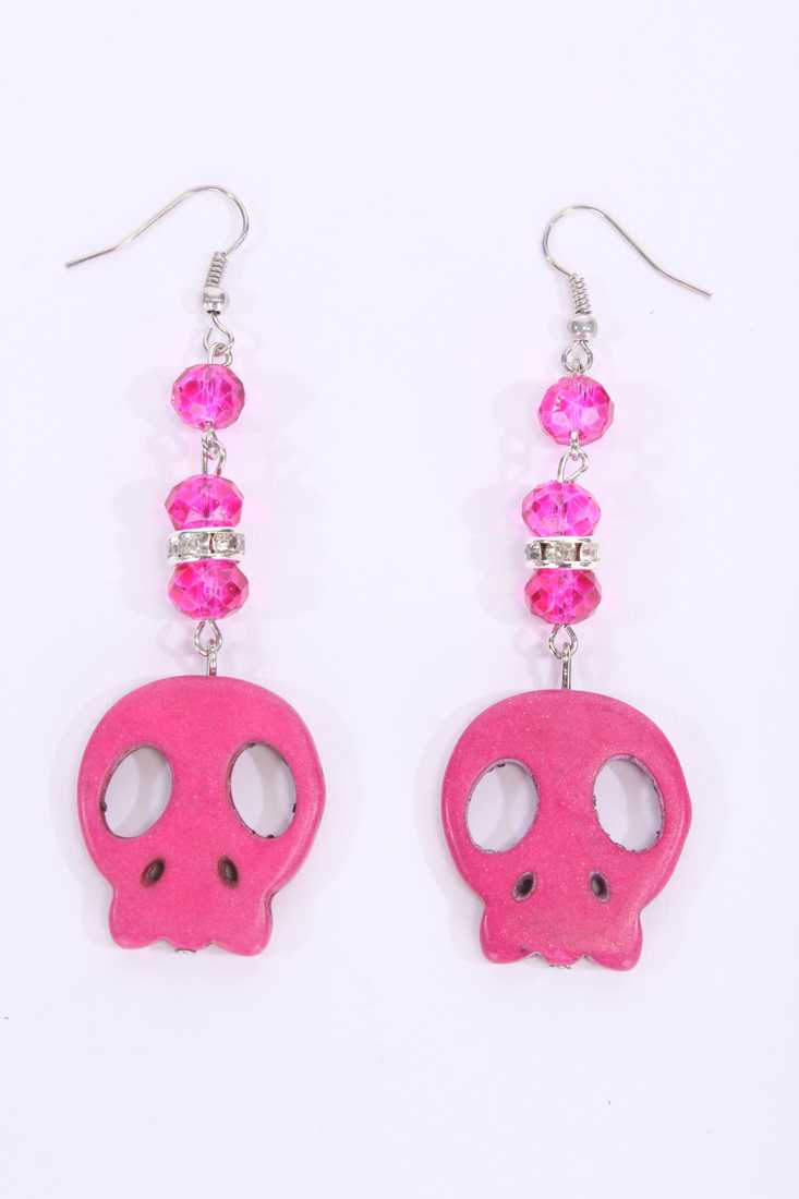 Fuchsia Faceted Beaded Skull Pendant Earrings
