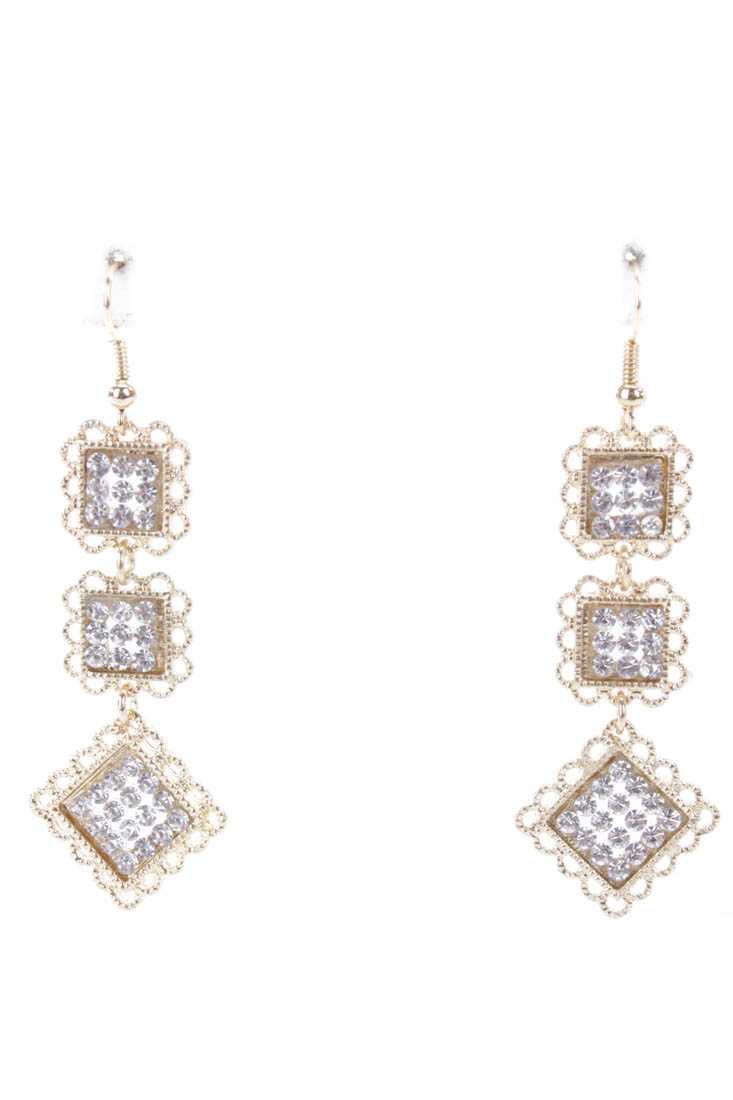 Gold High Polish Rhinestone Charm Dangle Earrings