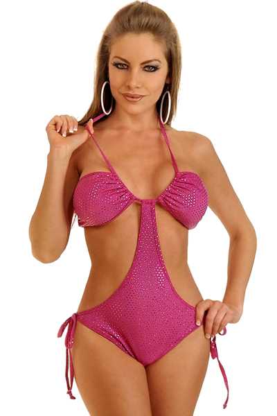 Pink Foil Dot Pucker Back Monokini Swimsuit