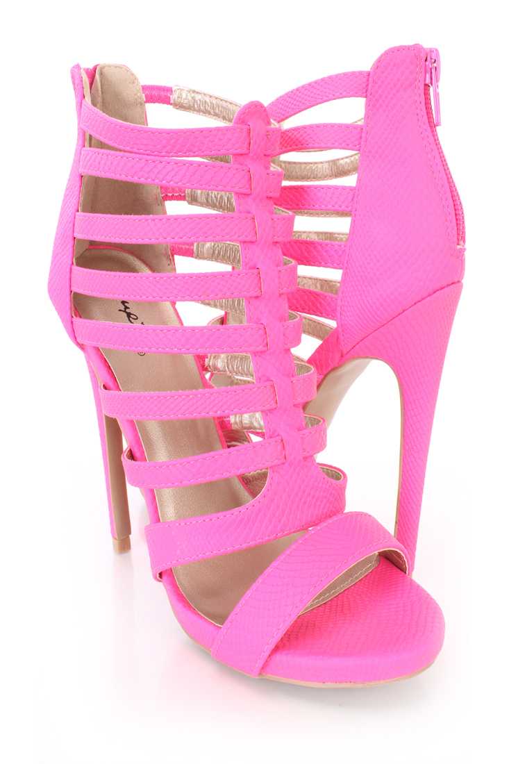 Hot Pink Strappy Snake Skin Textured Booties Faux Leather