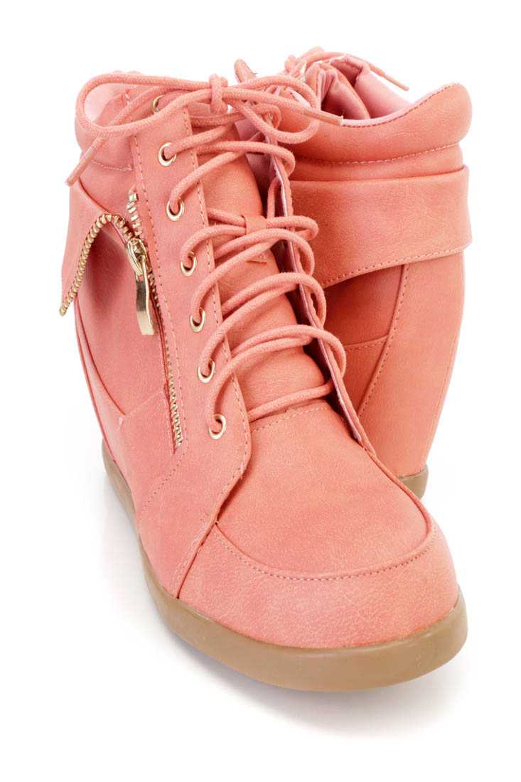 Coral Zipper Folded Sneaker Wedges Faux Leather