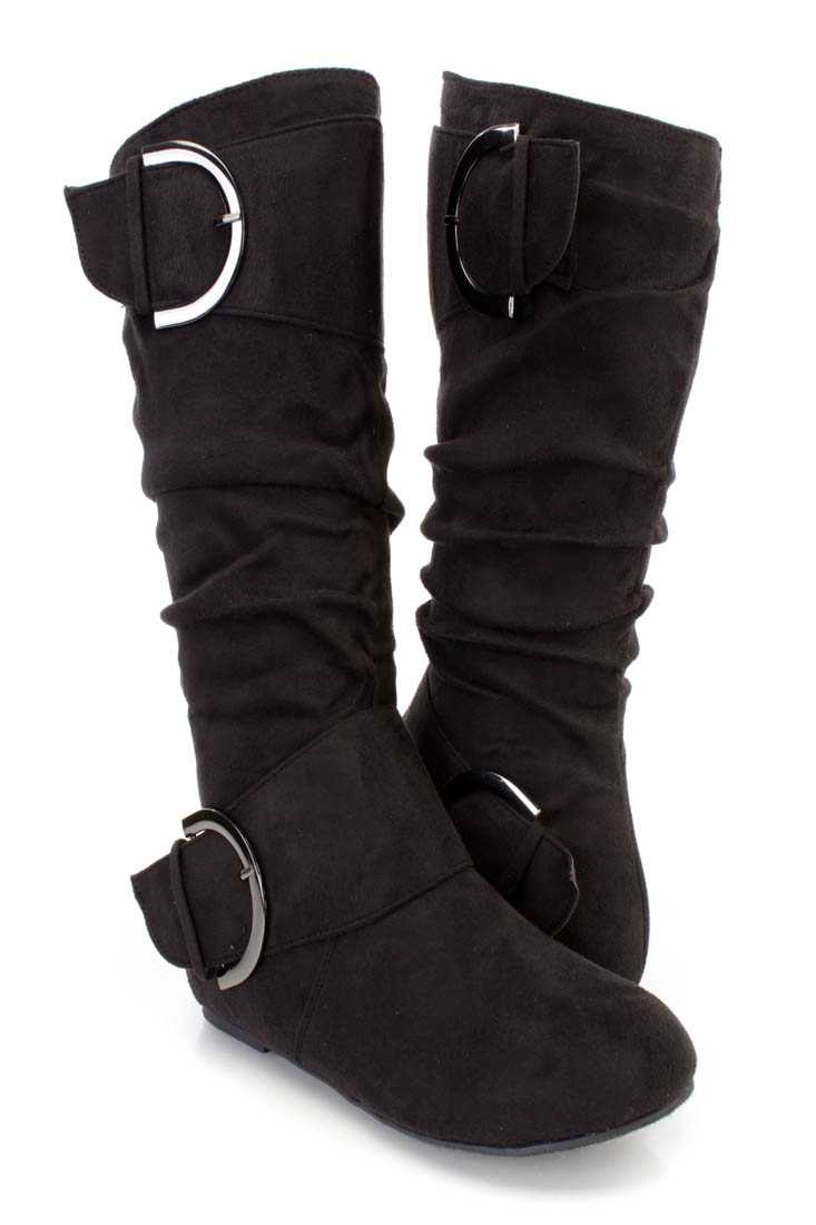 Black Buckle Strappy Casual Boots Faux Suede