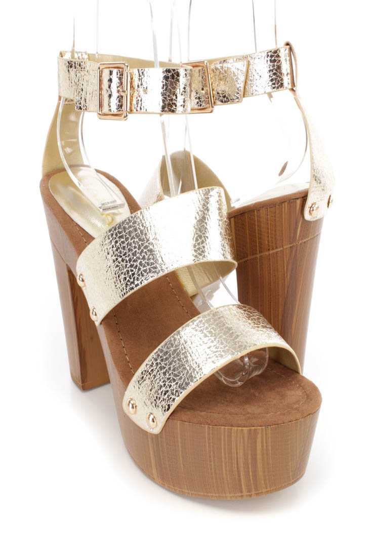 Gold Strappy Platform Chunky High Heels Faux Leather