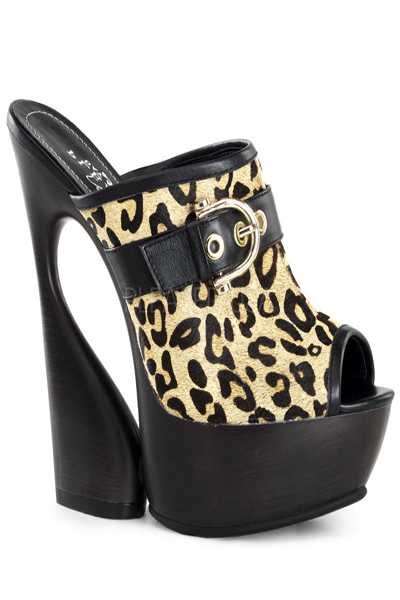 Dark Brown Leopard Pony Hair Slip-On Slide Sculptured Platform Wedge Heel
