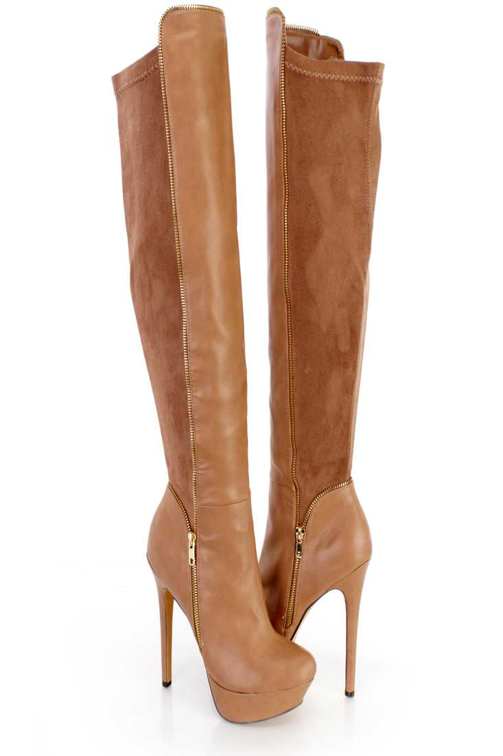 Taupe Platform Heel Boots Faux Leather Suede
