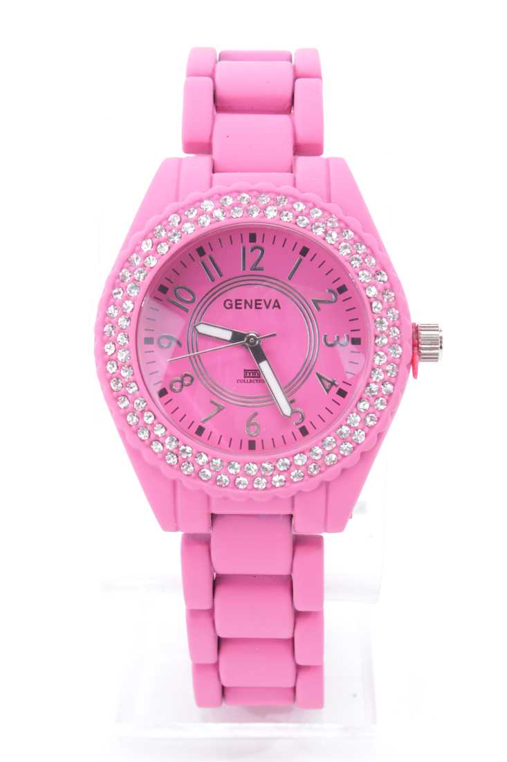 Pink Rhinestone Round Frame Rubber Band Watch