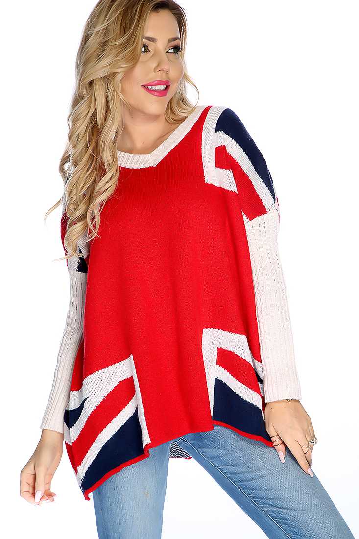 Red Navy Knitted Union Jack Long Sleeve Sweater Top