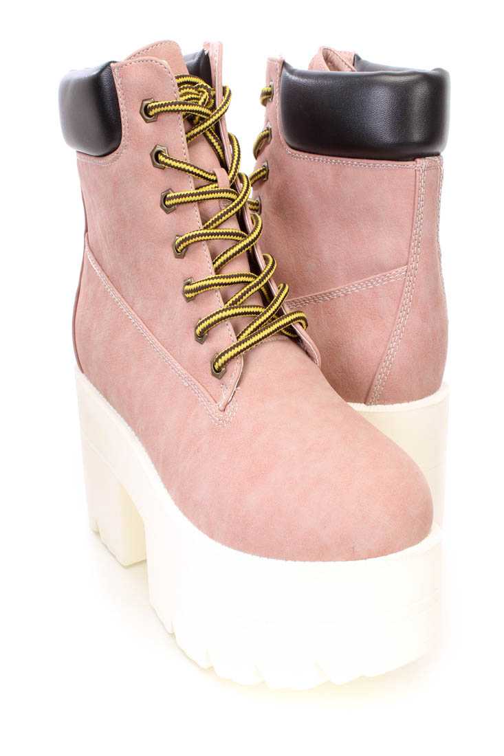 Blush Lace Up Chunky Platform Booties Faux Leather