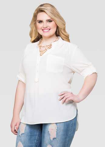 Textured Crepe Roll Sleeve Blouse