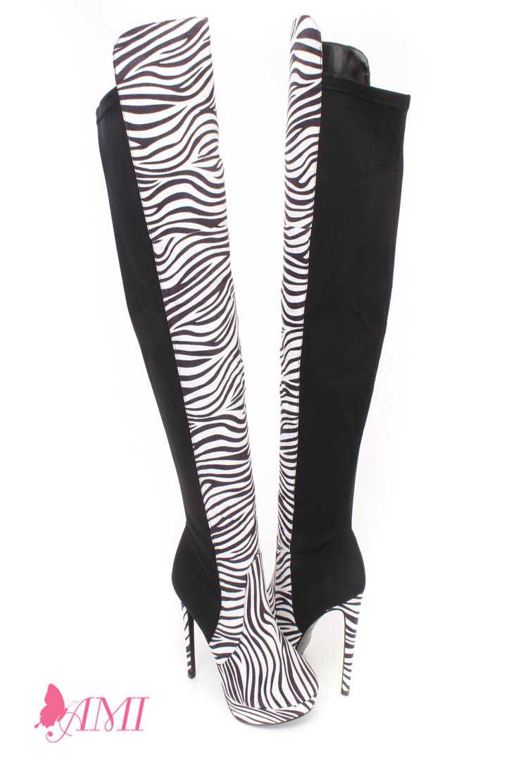 Zebra Thigh High Platform High Heel Boots Faux Suede