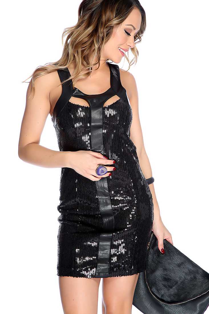Sexy Black Sleeveless Faux Leather Detailing Sequin Design Cut Out Scoop Neckline Party Dress
