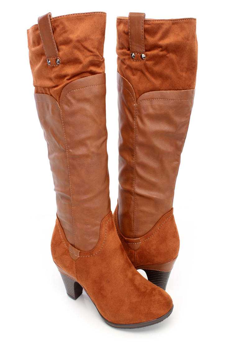 Cognac Two Tone Knee High Boots Faux Leather Suede
