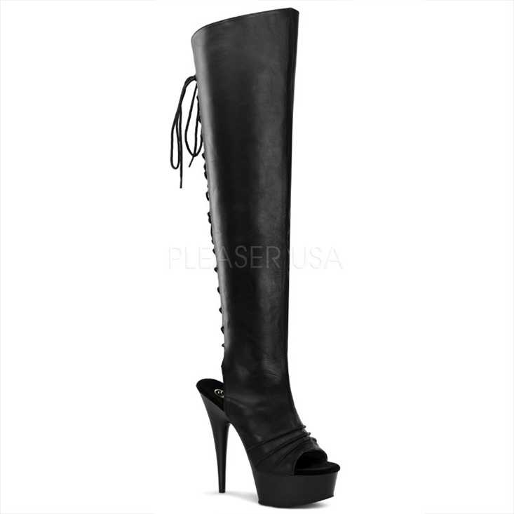 Black Leather Lace Up Thigh High Boots