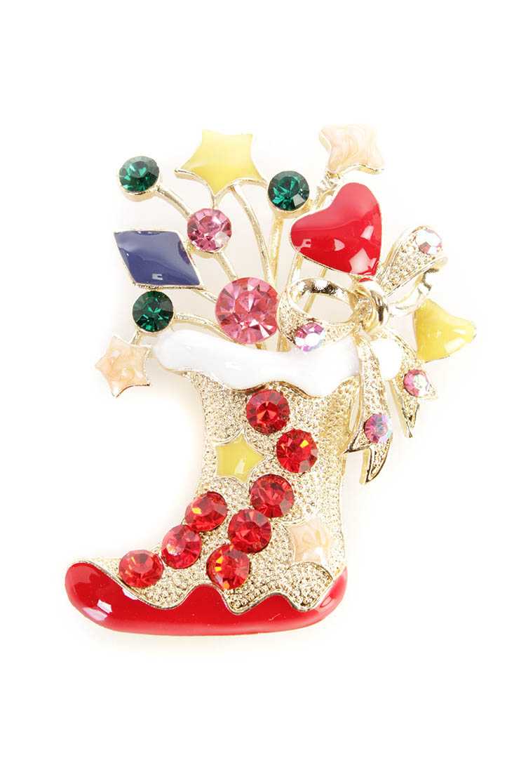Red Stocking Rhinestone Detailing Brooch