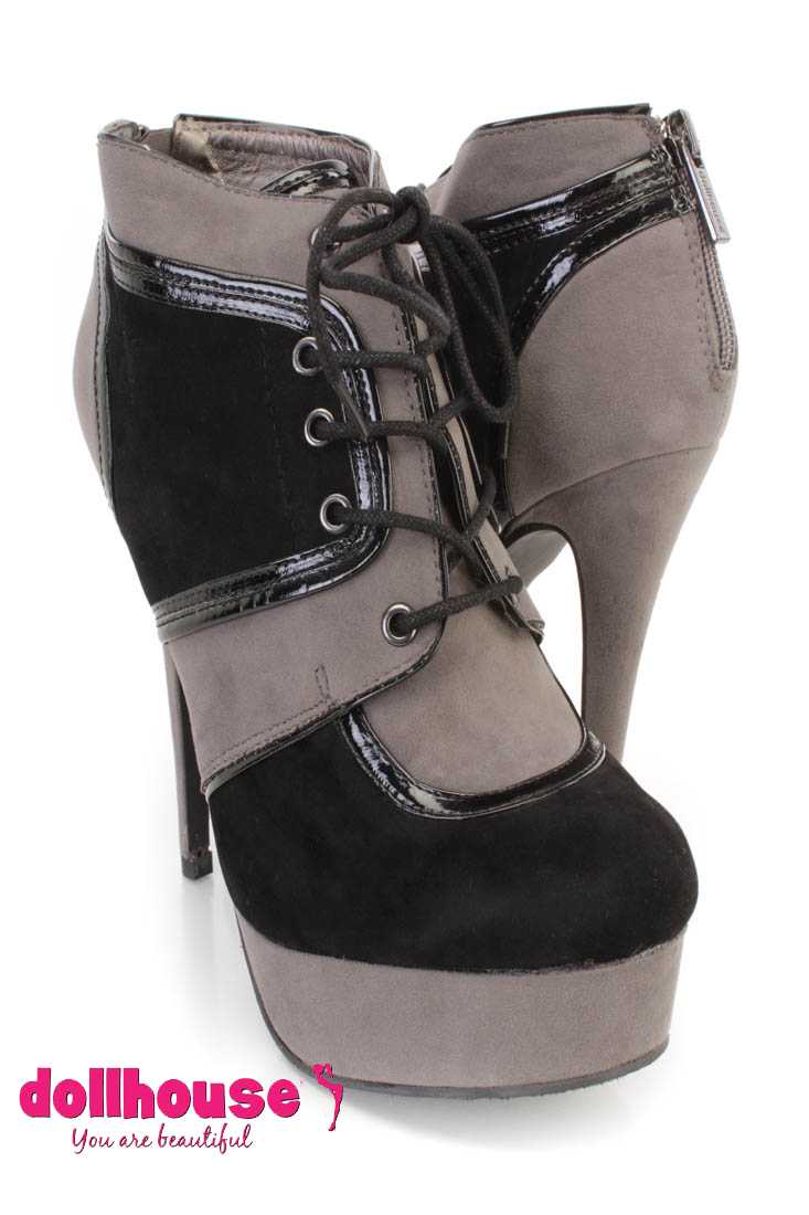 Black Lace Up Colorblock Ankle Booties Faux Suede