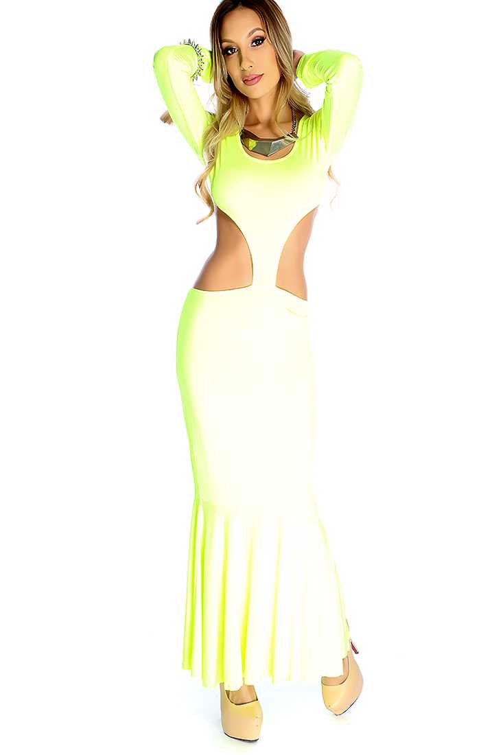 Sexy Neon Lime Cut Out Long Sleeve Maxi Party Dress