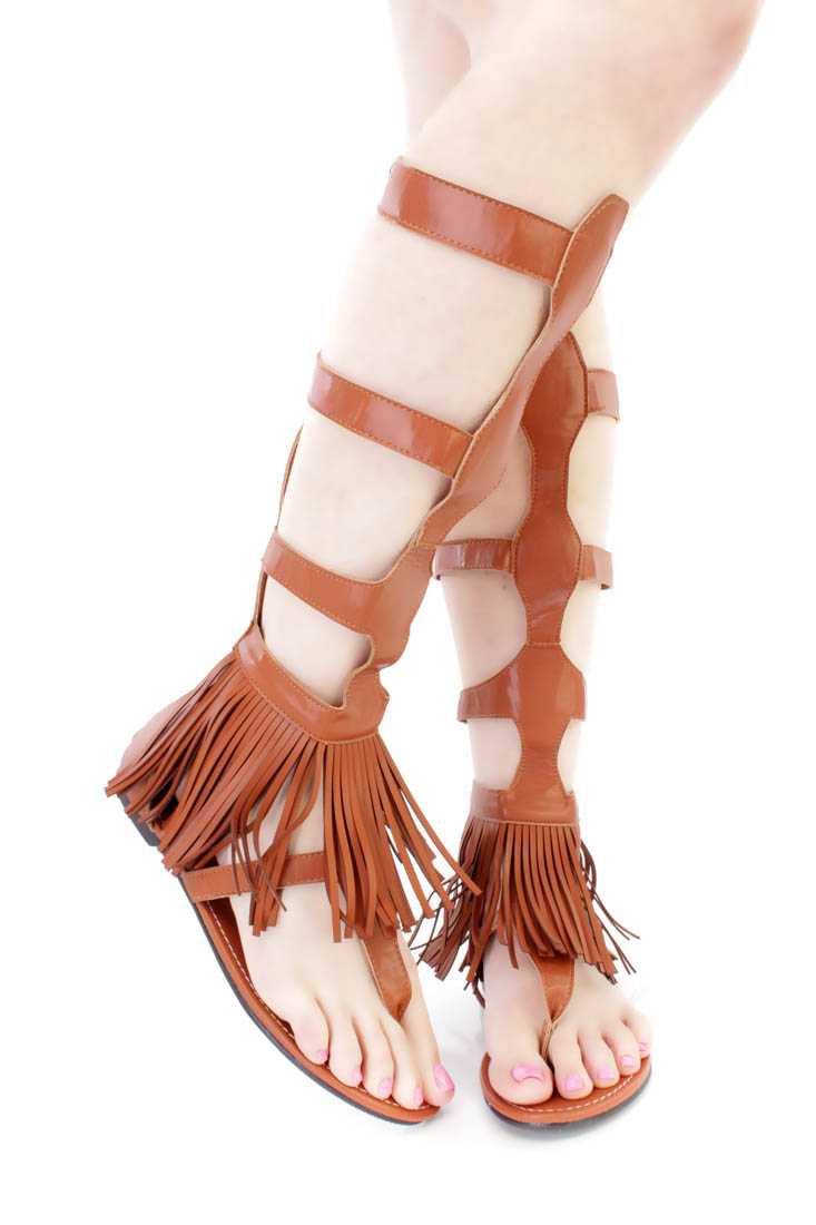 Camel Strappy Fringe Gladiator Sandals Faux Leather