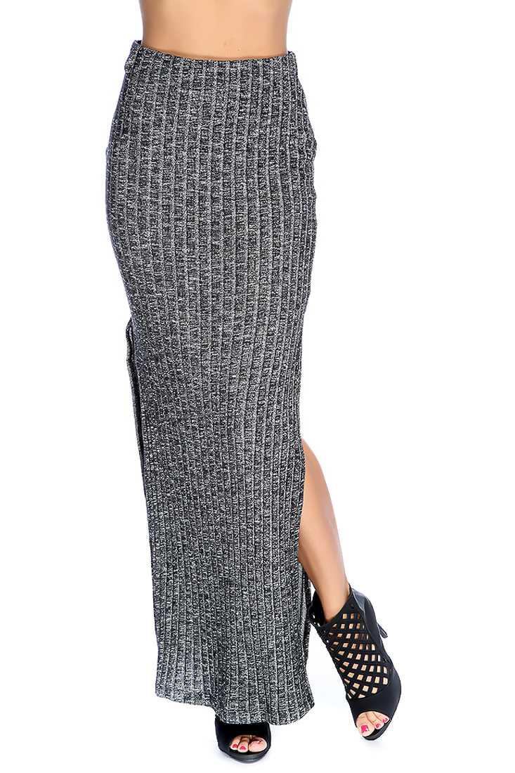 Black Double Side Slit Ribbed Casual Maxi Skirt