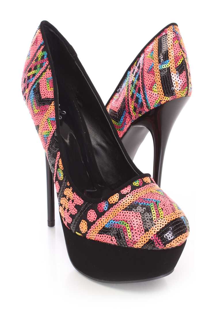 Black Sequin Design Pump Stiletto High Heels