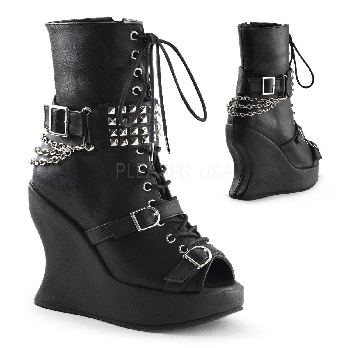 Black Studded Lace Up Wedge Boots Faux Leather
