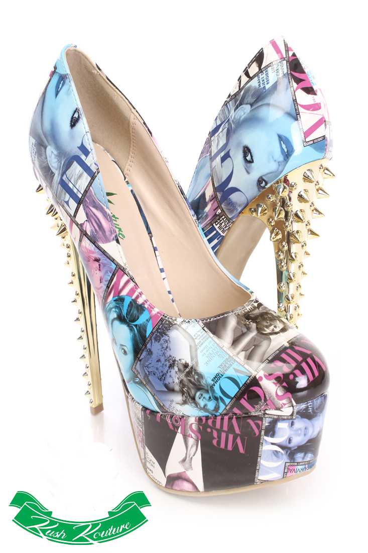Black Magazine Printed Pump High Heels Patent